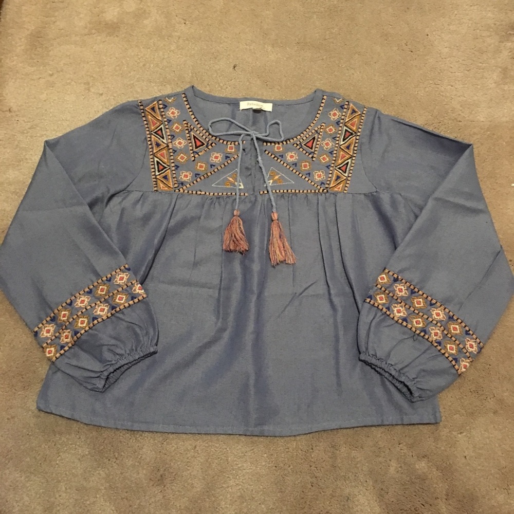 Embroidered long sleeve blouse with ties